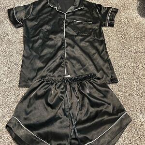 Black Satin Pajama Set with White Piping